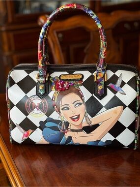 Nicole Lee Black & White Checkered Satchel with Multicolor Floral Handles